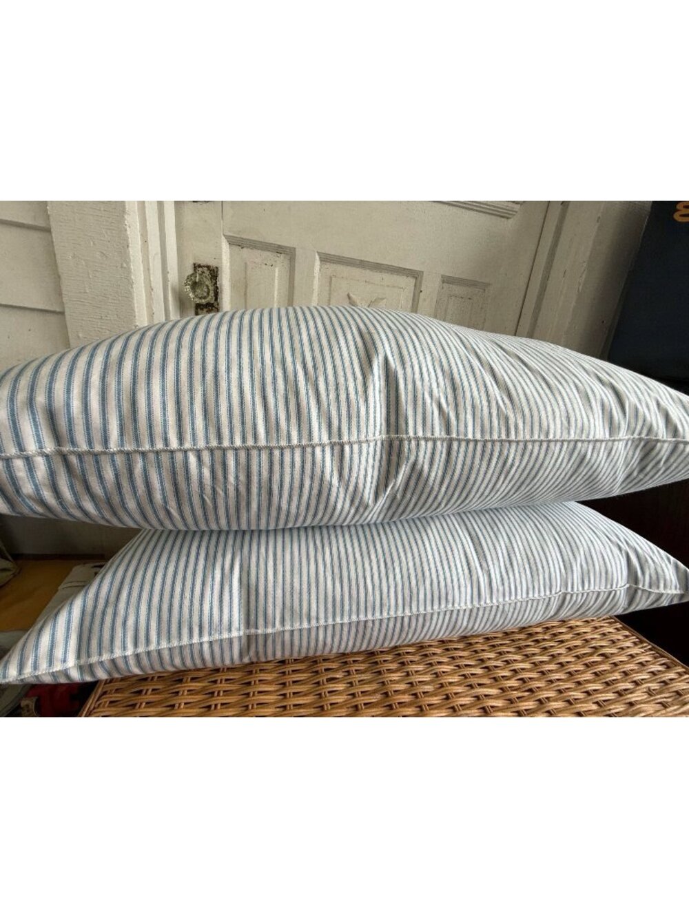 Vintage 80s Pacific Coast Blue Feather Ticking Pair Feather Pillows 20x28"
